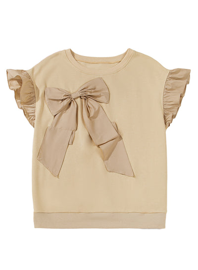 Parchment Ruffle Short Sleeve Bowknot Applique Plus Size Top