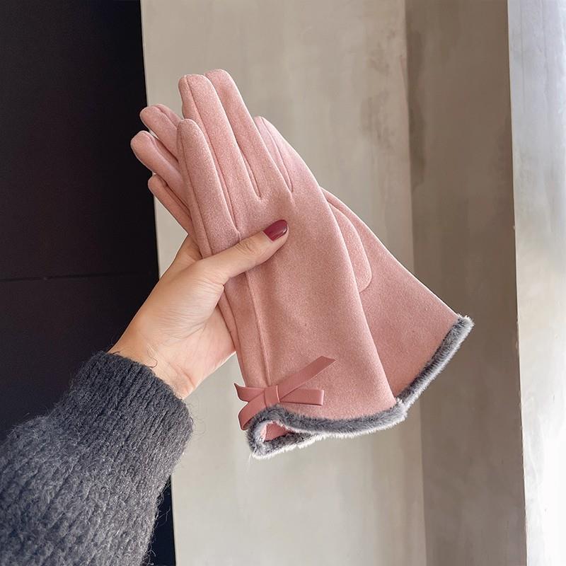 Warm Gloves Winter Women's Korean-style Cute Bow Fleece-lined Thickened