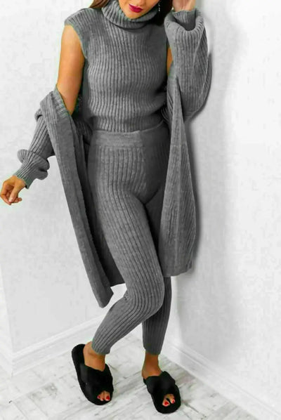 Ladies 3 Piece Suit Roll Neck Chunky Knitted Ribbed Tracksuit Lounge Set