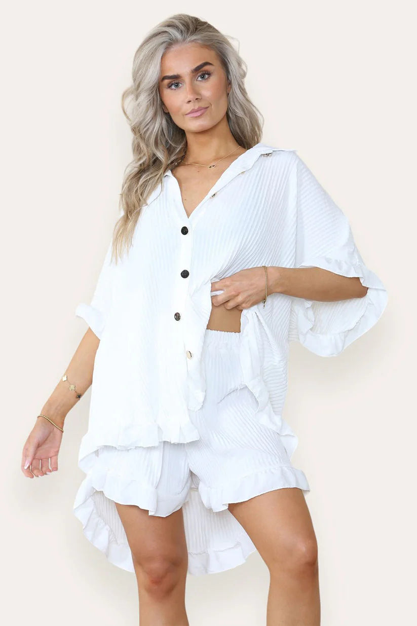 Women’s Casual Oversized Gold Button Pleated Frilled Ruffle Short Sleeves Shirt Top and Short Co-Ord Set