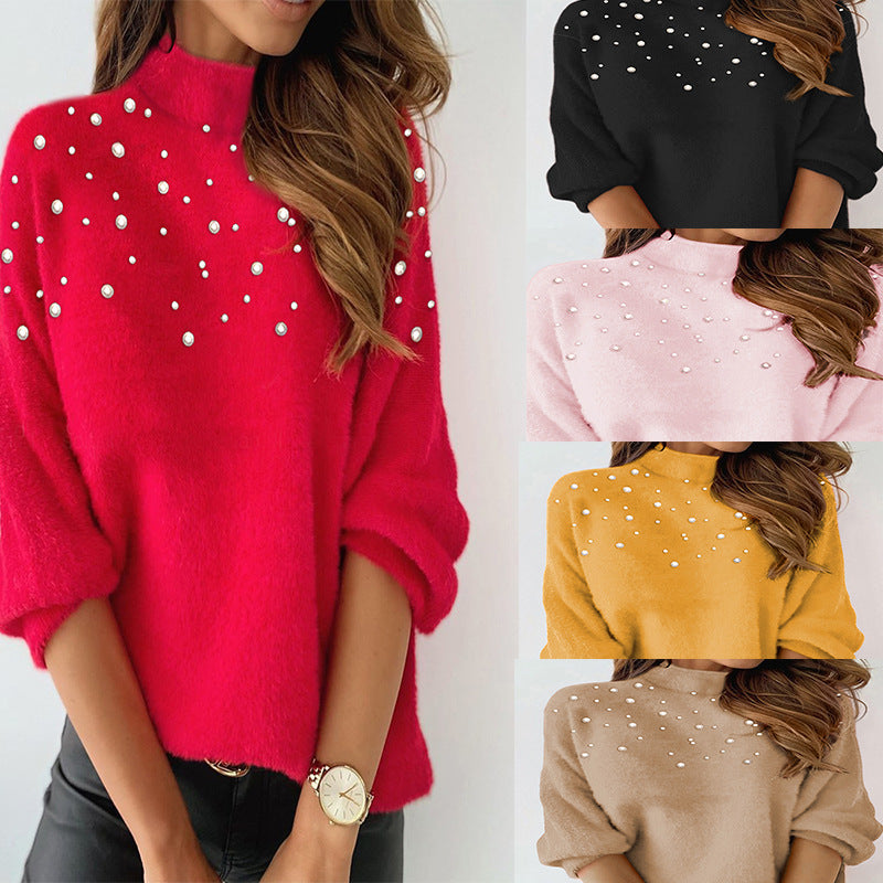 Beaded Turtleneck Long-sleeved Top