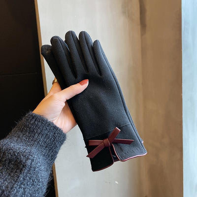 Warm Gloves Winter Women's Korean-style Cute Bow Fleece-lined Thickened