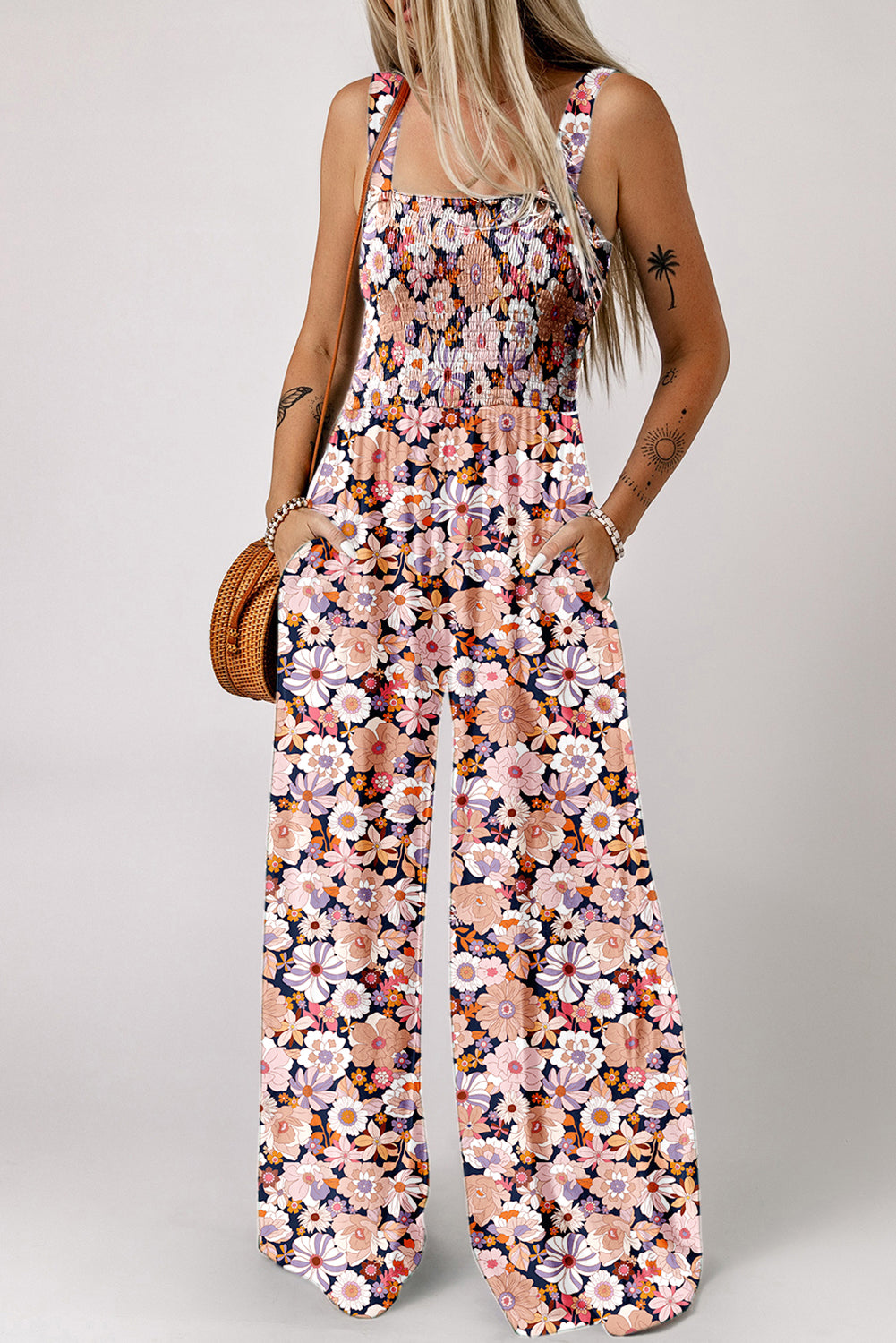 Floral Square Neckline Stretch High Waist Jumpsuit