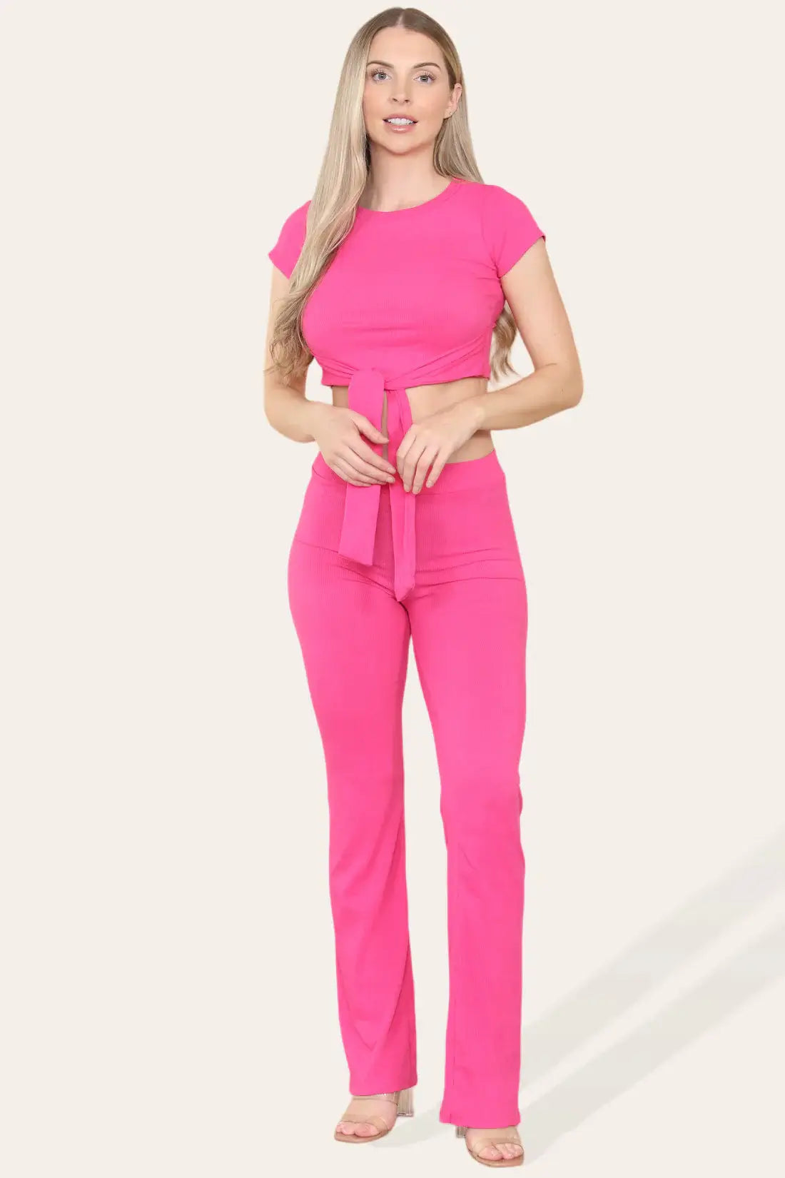 Tie Belt Front Cropped Loungewear Ribbed Trousers Set