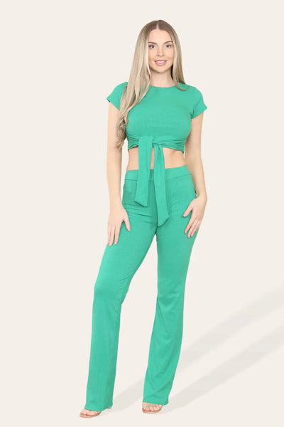 Tie Belt Front Cropped Loungewear Ribbed Trousers Set