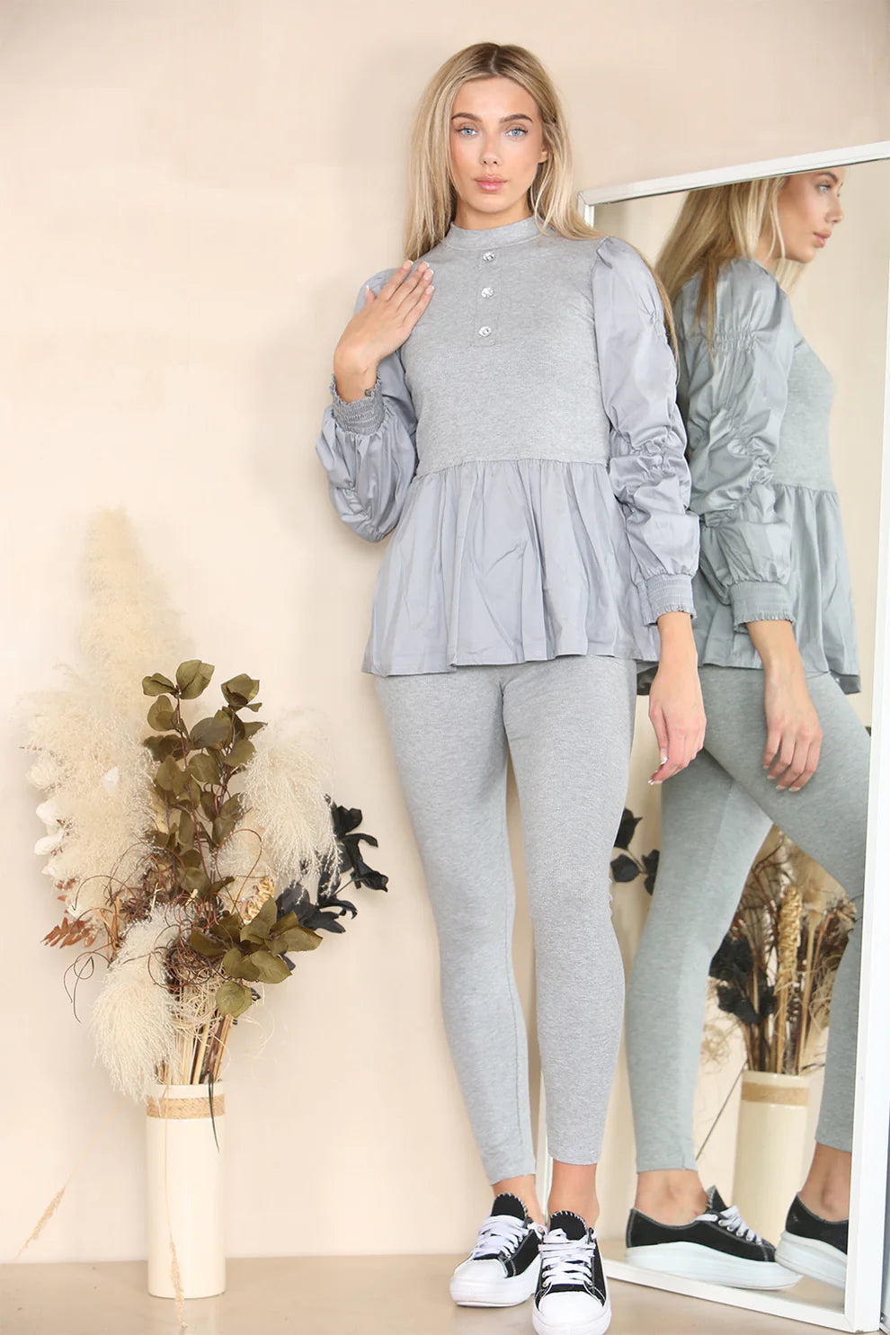 Long Ruched Sleeves Ribbed Peplum Diamond Buttons Frilled Hem Lounge Wear Co-Ord Set