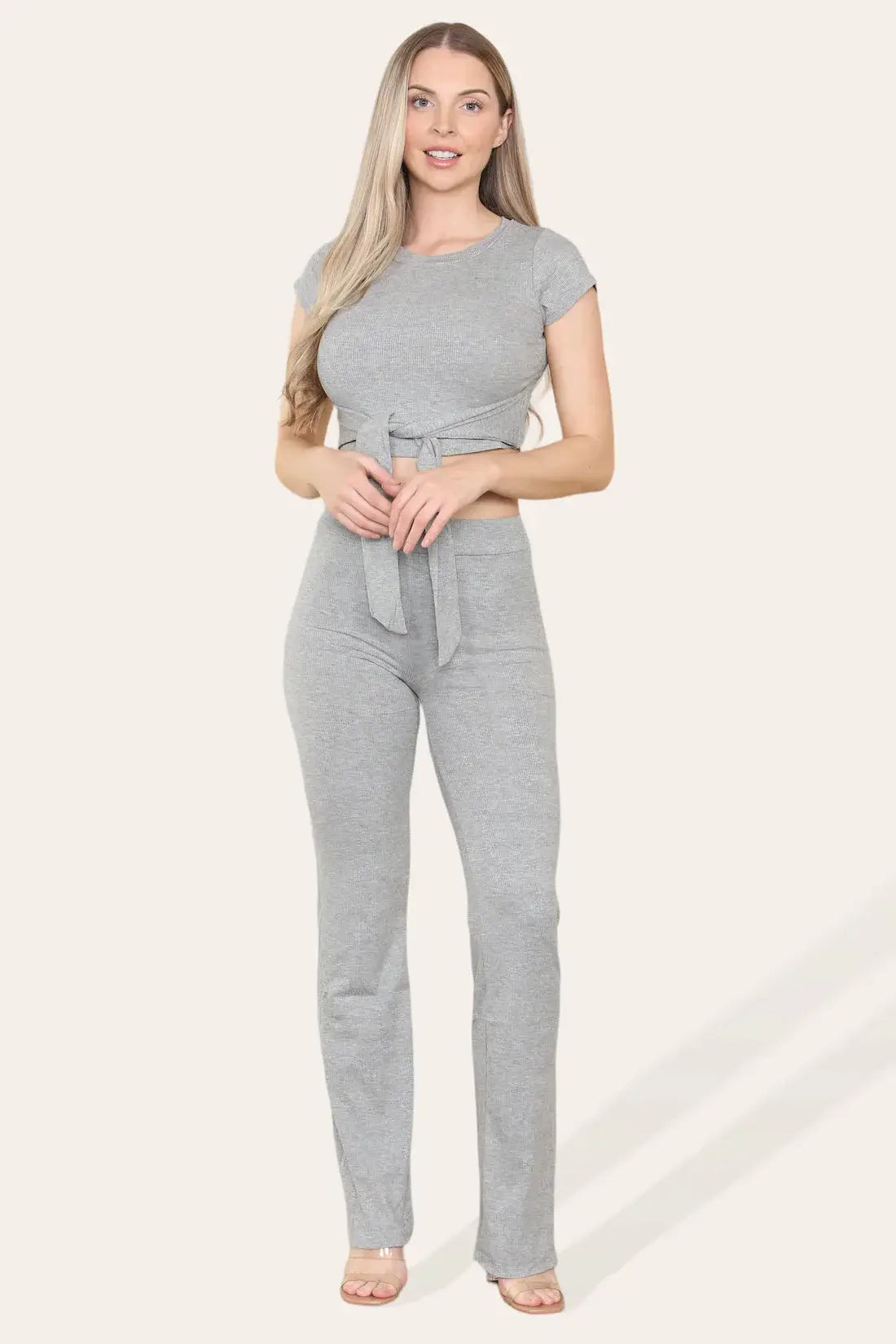 Tie Belt Front Cropped Loungewear Ribbed Trousers Set