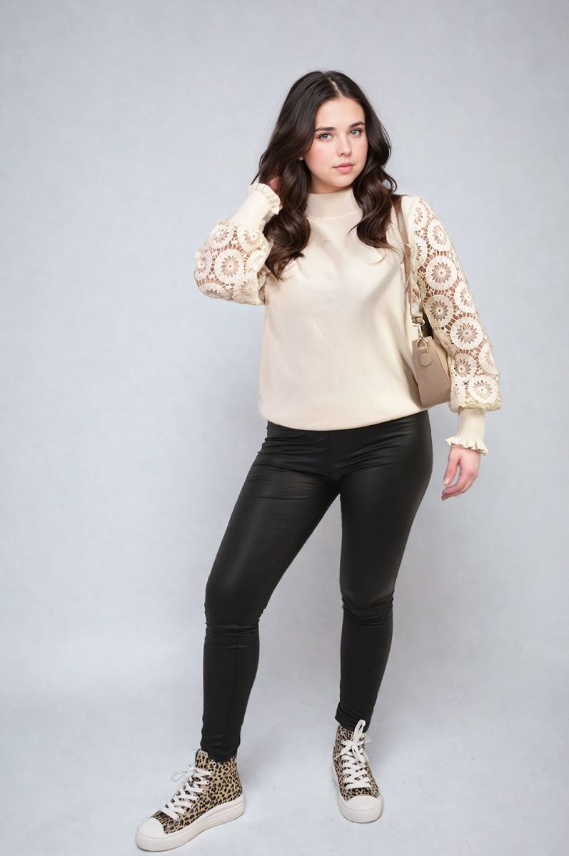 High Neck Knit Crochet Sleeve Jumper