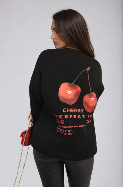 Cherry Printed Front and Back Design Oversized Knitted Jumper