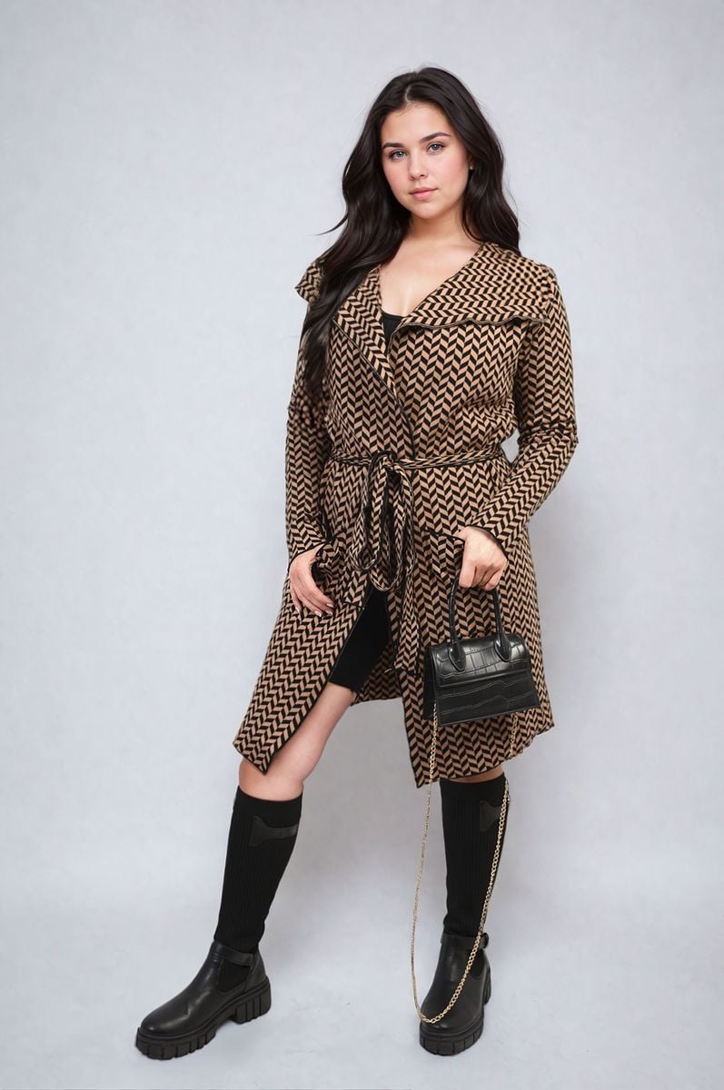 Check Print Full Sleeve Notched Lapel Collar Neck Belted Coat