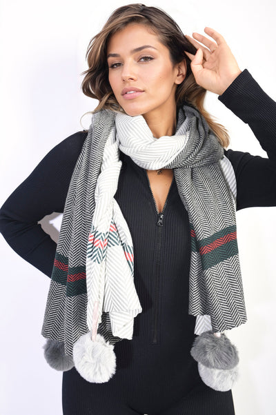 Striped Pompom Tassel Winter Scarf