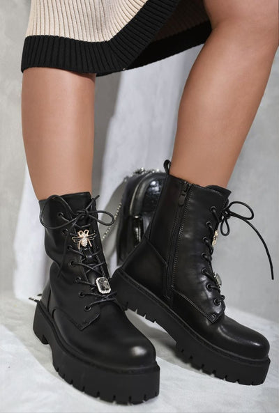 Zip Lace Up Chunky Biker Boots with Decor Details