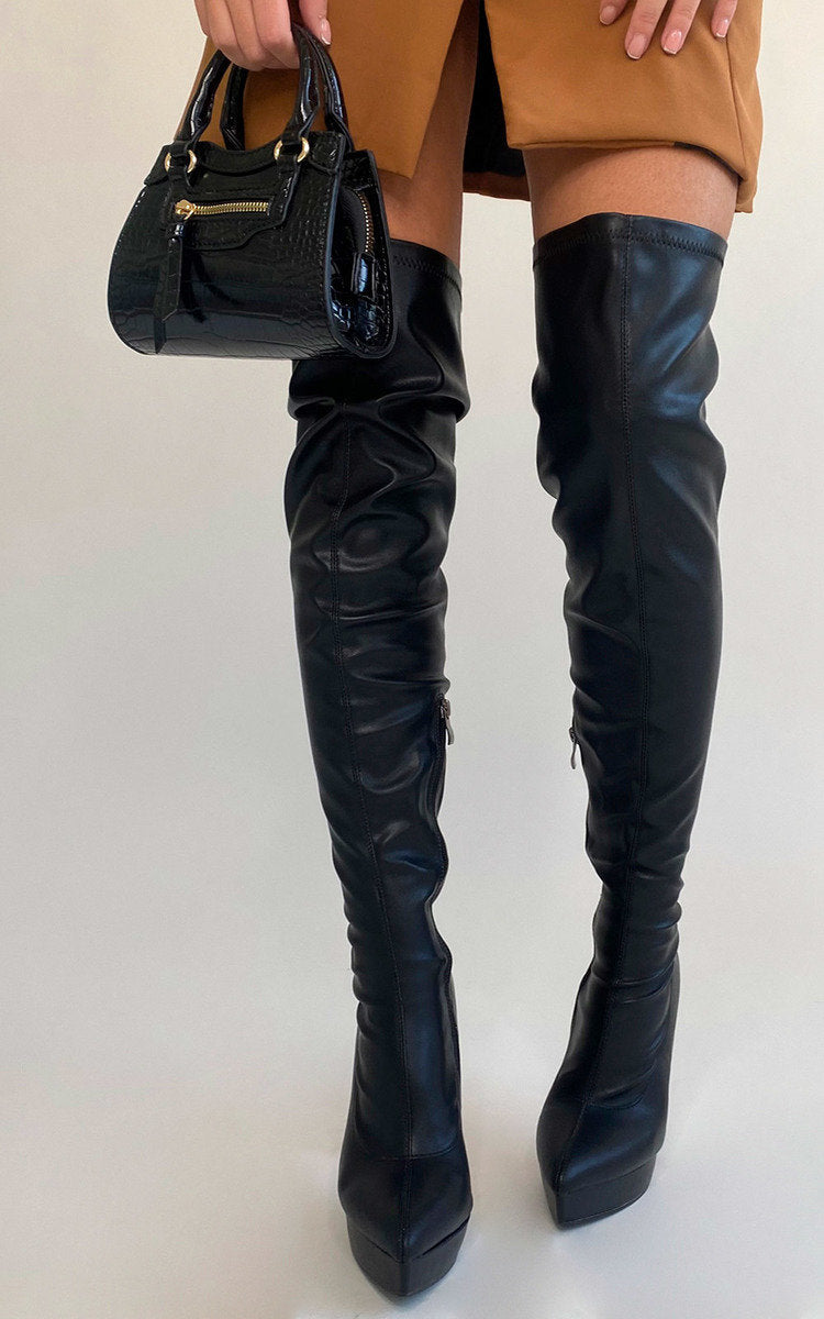 Knee High Pointed Heel Boots with Zip Detail