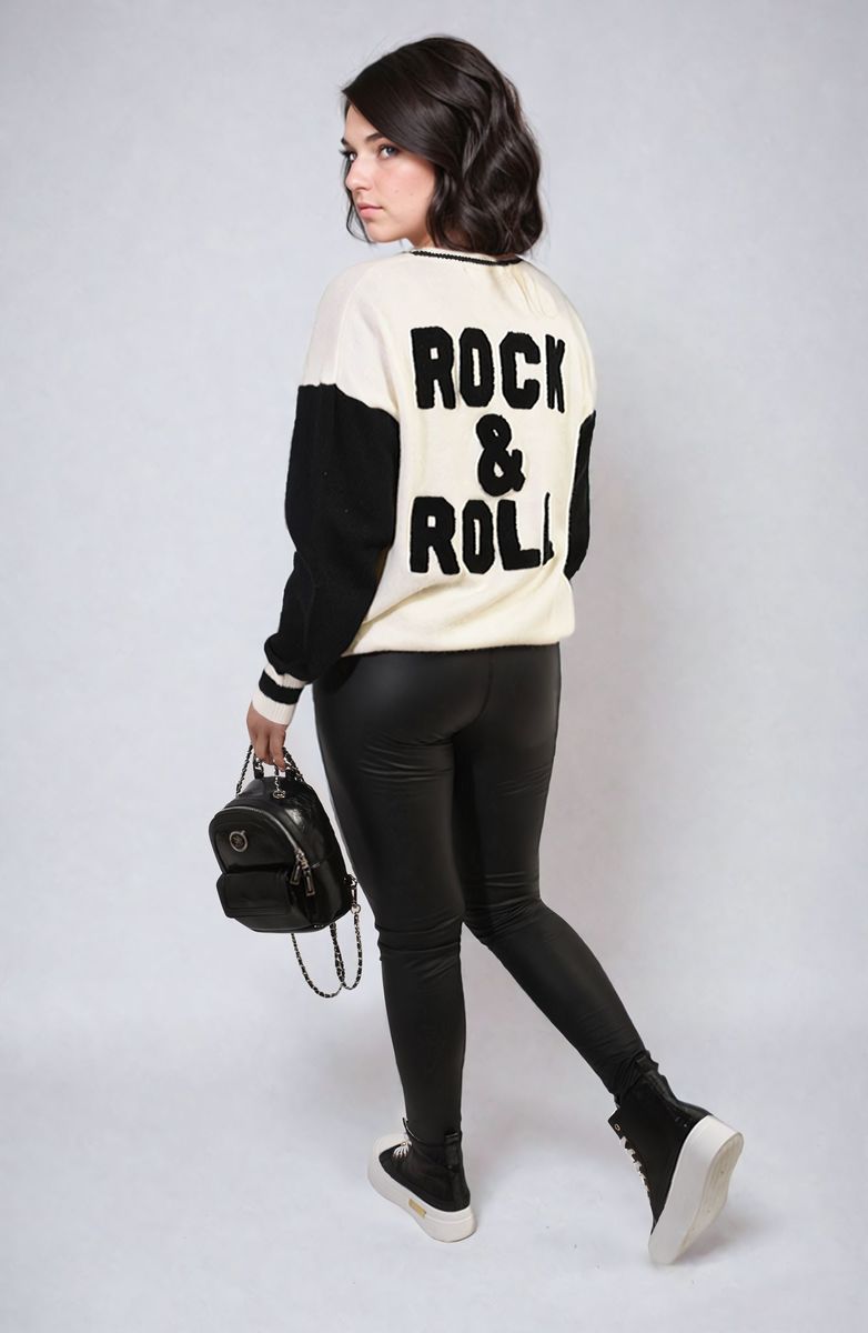 Round Neck Rock & Roll Print Knitted Jumper