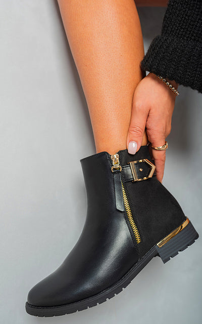 Gold Zip Up Buckle Chelsea Ankle Boots