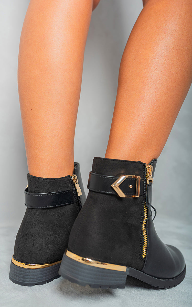 Gold Zip Up Buckle Chelsea Ankle Boots