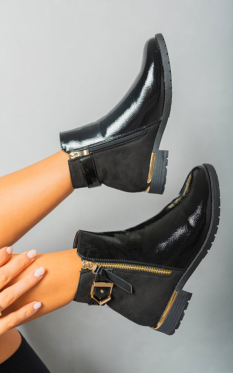 Gold Zip Up Buckle Chelsea Ankle Boots