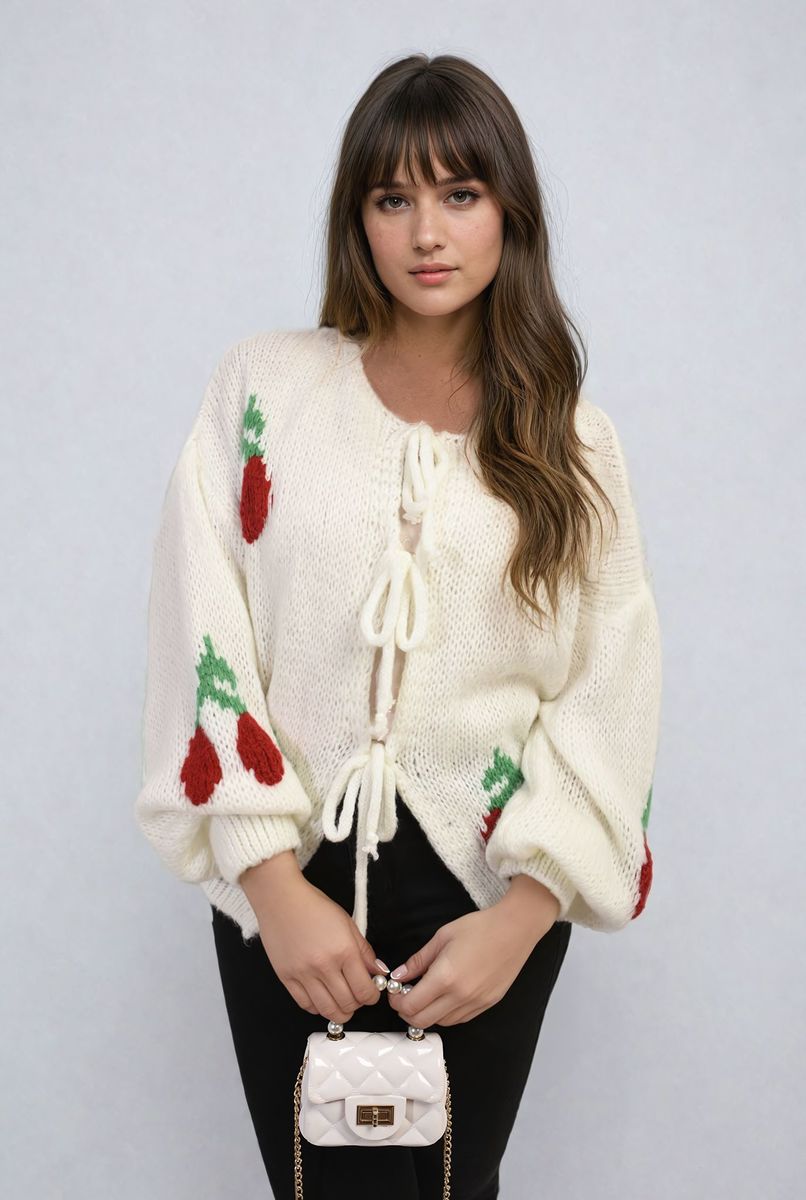 Tie Front Cherry Print Knitted Cardigan