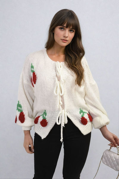 Tie Front Cherry Print Knitted Cardigan