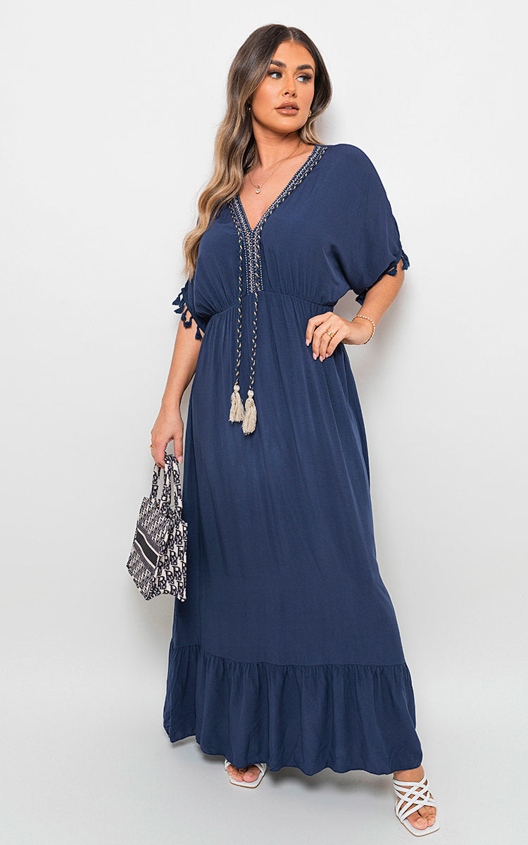 V-Neck Rope Tassel Detail Maxi Dress