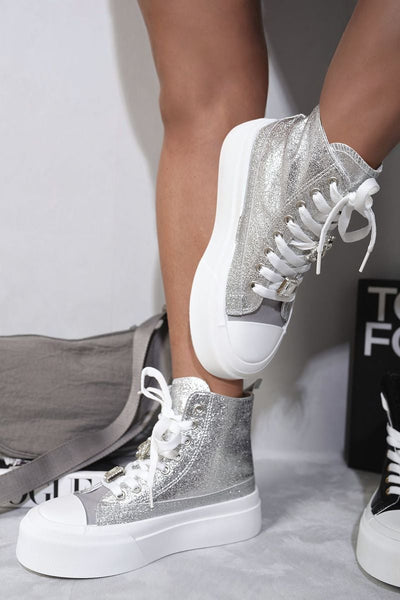 Glitter Lace Up High Top Platform Trainers with Decorative Details