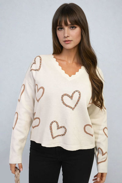 V-neck Stone Long Sleeve Knitted Jumper