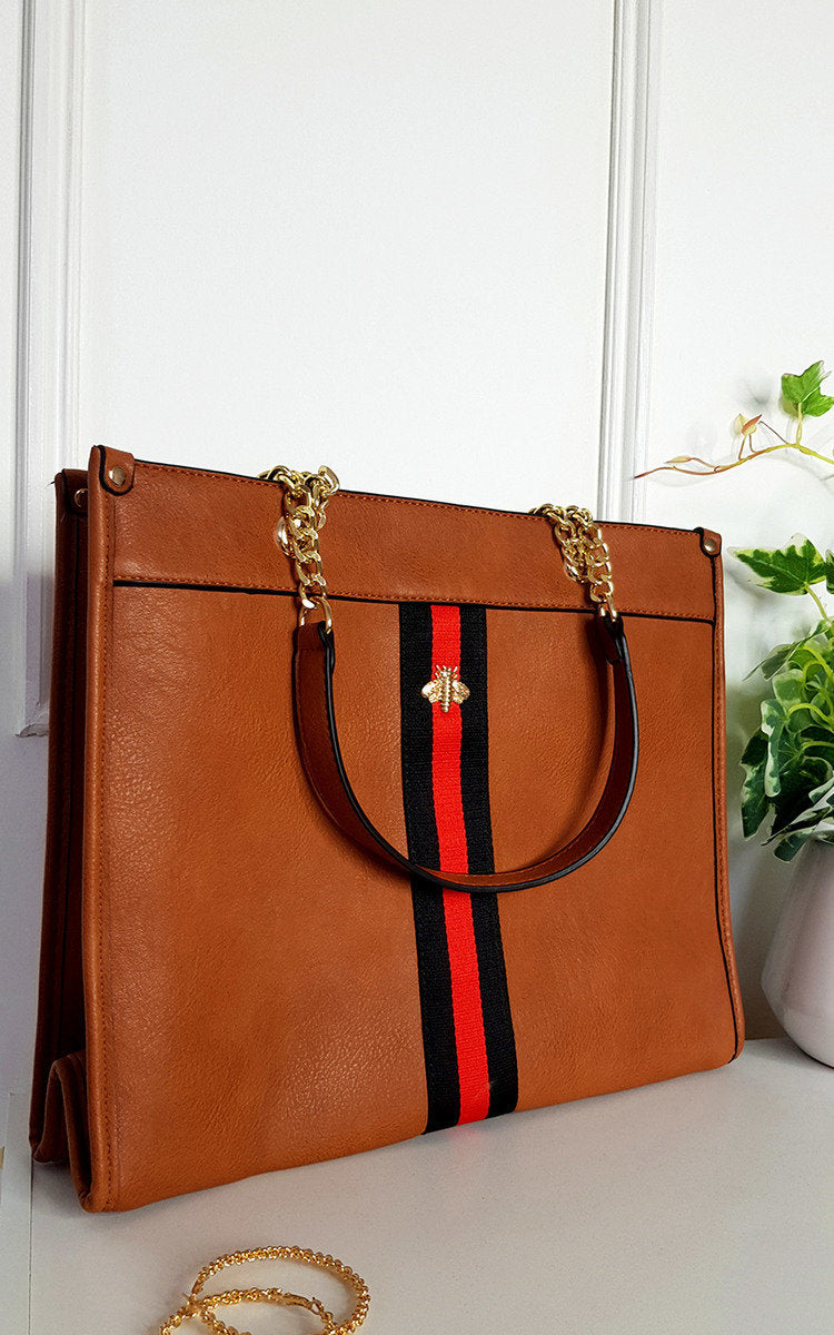 Faux Leather Chain Shoulder Bag with Stripe Detail