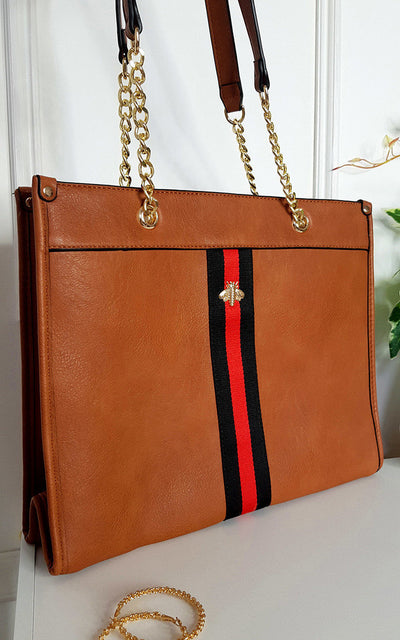 Faux Leather Chain Shoulder Bag with Stripe Detail