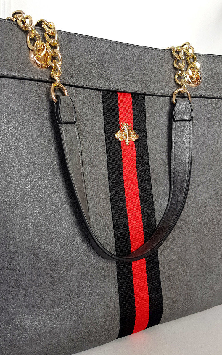 Faux Leather Chain Shoulder Bag with Stripe Detail