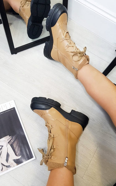 Lace Up Faux Leather Chunky Boots