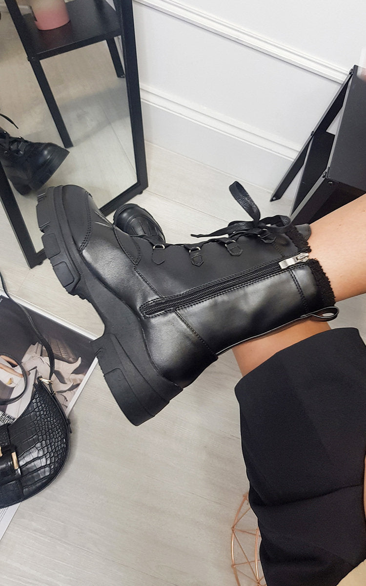 Lace Up Faux Leather Chunky Boots