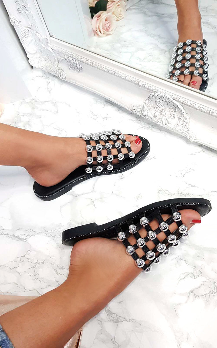 Studded Caged Open Toe Sliders