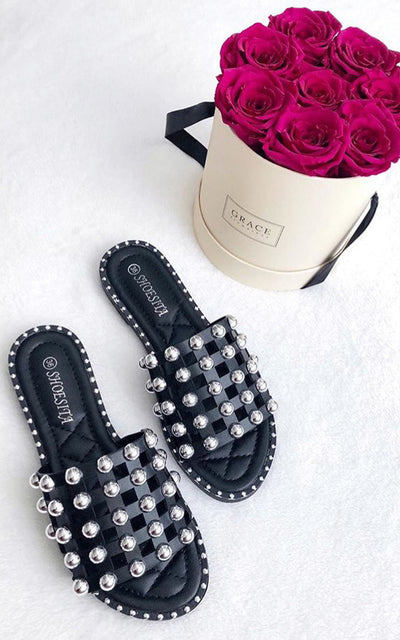 Studded Caged Open Toe Sliders