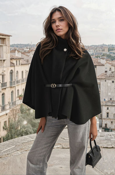 High Neck Belted Cape Jacket