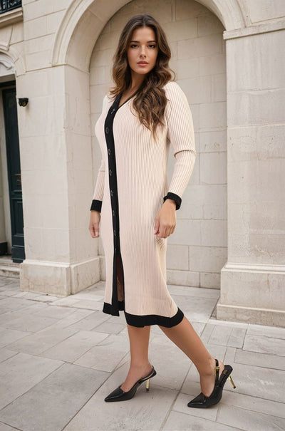 Knitted Contrast Trim Long Sleeve Midi Dress