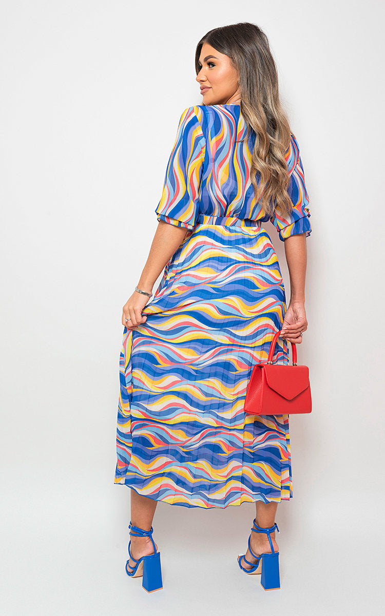 Long Sleeve Printed Maxi Dress with Belt Detail