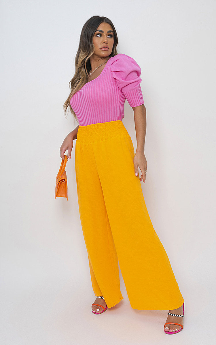 Elastic High Waist Wide Leg Trousers