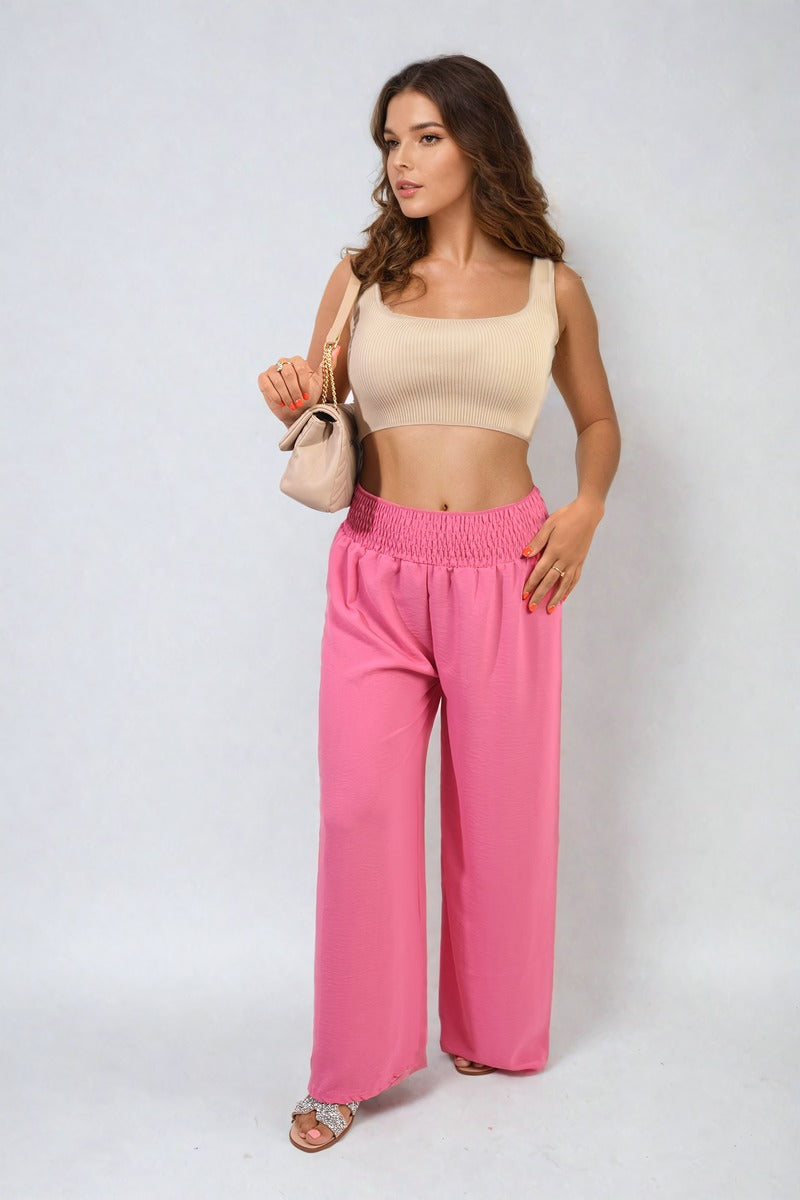 Elastic High Waist Wide Leg Trousers