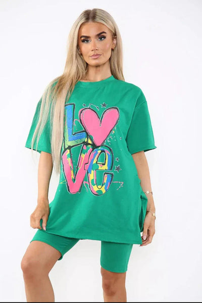 Love Side Slit Cycling Short and T-Shirts Co-Ord Two Piece Set with Front Love Slogan