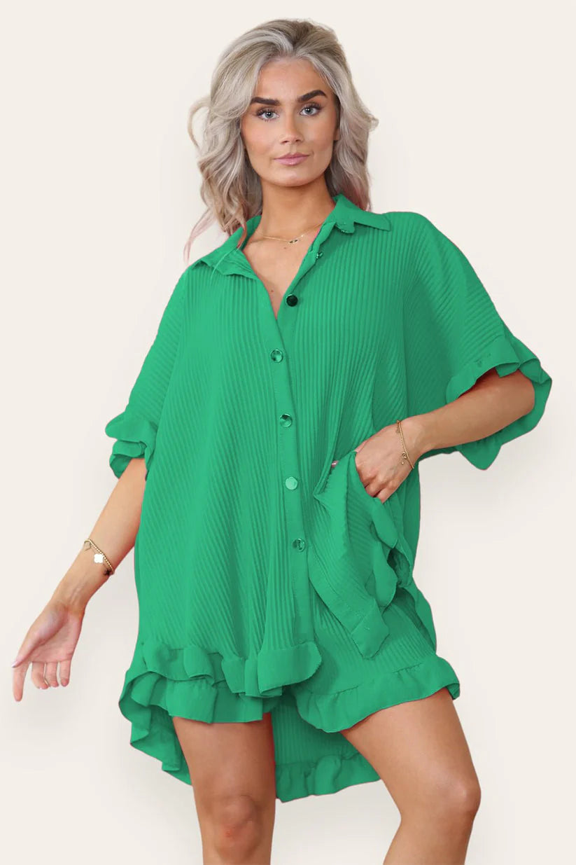 Women’s Casual Oversized Gold Button Pleated Frilled Ruffle Short Sleeves Shirt Top and Short Co-Ord Set