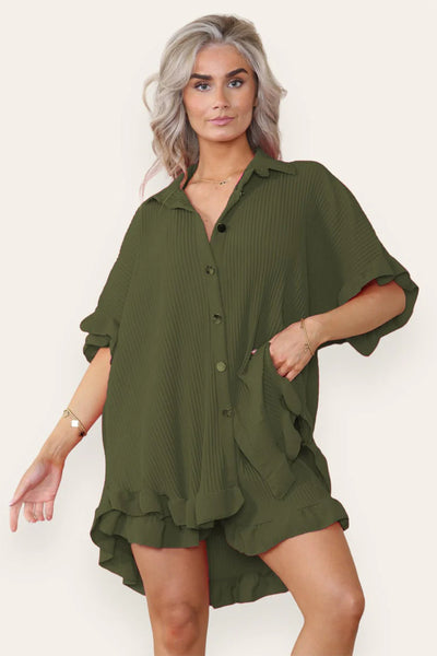 Women’s Casual Oversized Gold Button Pleated Frilled Ruffle Short Sleeves Shirt Top and Short Co-Ord Set