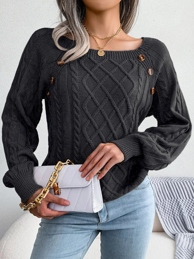 Casual Square Collar Buttons Long Sleeve Knitted sweater - KESH FASHION 