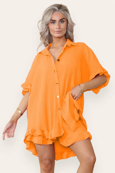 Women’s Casual Oversized Gold Button Pleated Frilled Ruffle Short Sleeves Shirt Top and Short Co-Ord Set