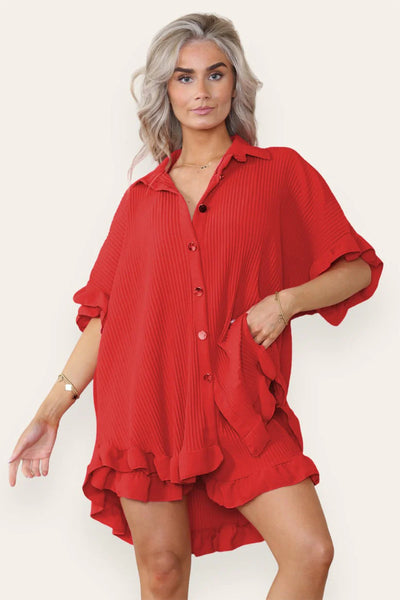 Women’s Casual Oversized Gold Button Pleated Frilled Ruffle Short Sleeves Shirt Top and Short Co-Ord Set