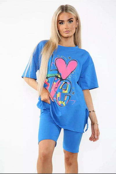 Love Side Slit Cycling Short and T-Shirts Co-Ord Two Piece Set with Front Love Slogan