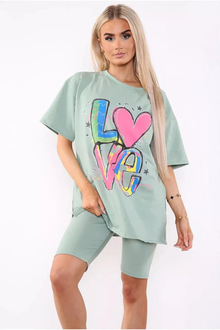 Love Side Slit Cycling Short and T-Shirts Co-Ord Two Piece Set with Front Love Slogan