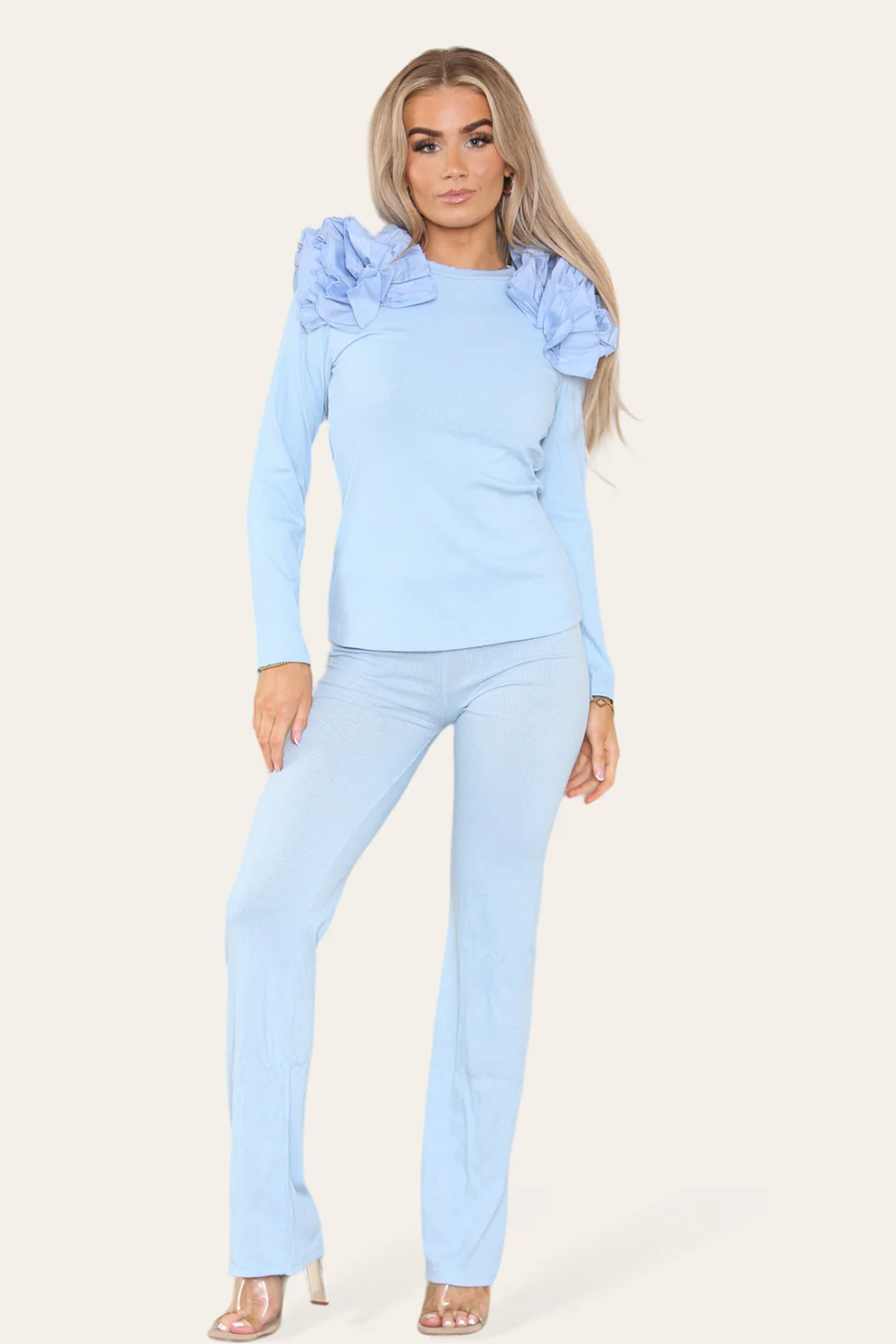 Ruffle Frill Shoulder Ribbed Loungewear Co-Ord Top & Trouser Set