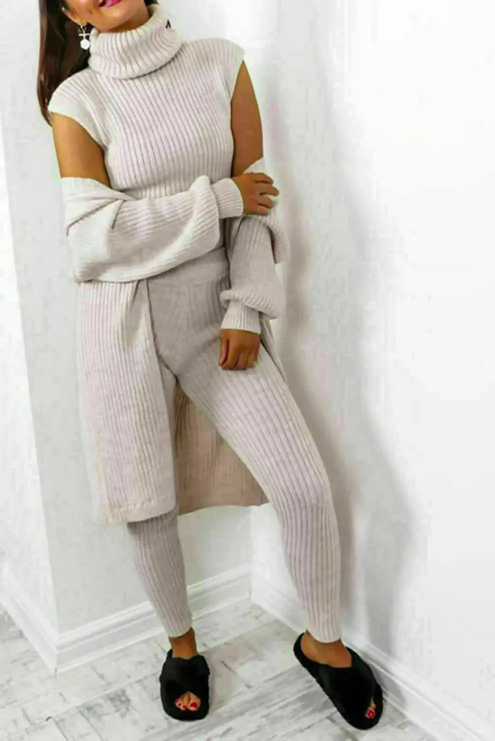 Ladies 3 Piece Suit Roll Neck Chunky Knitted Ribbed Tracksuit Lounge Set