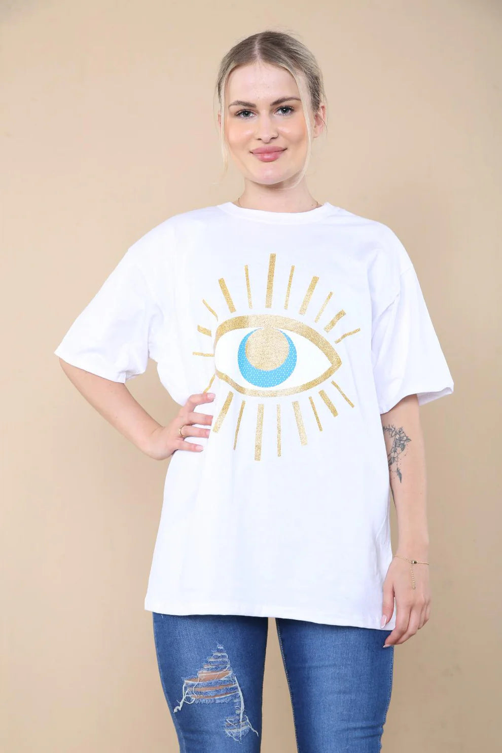 Ladies Oversized Sequin Eye Printed Short Sleeves T Shirt Top