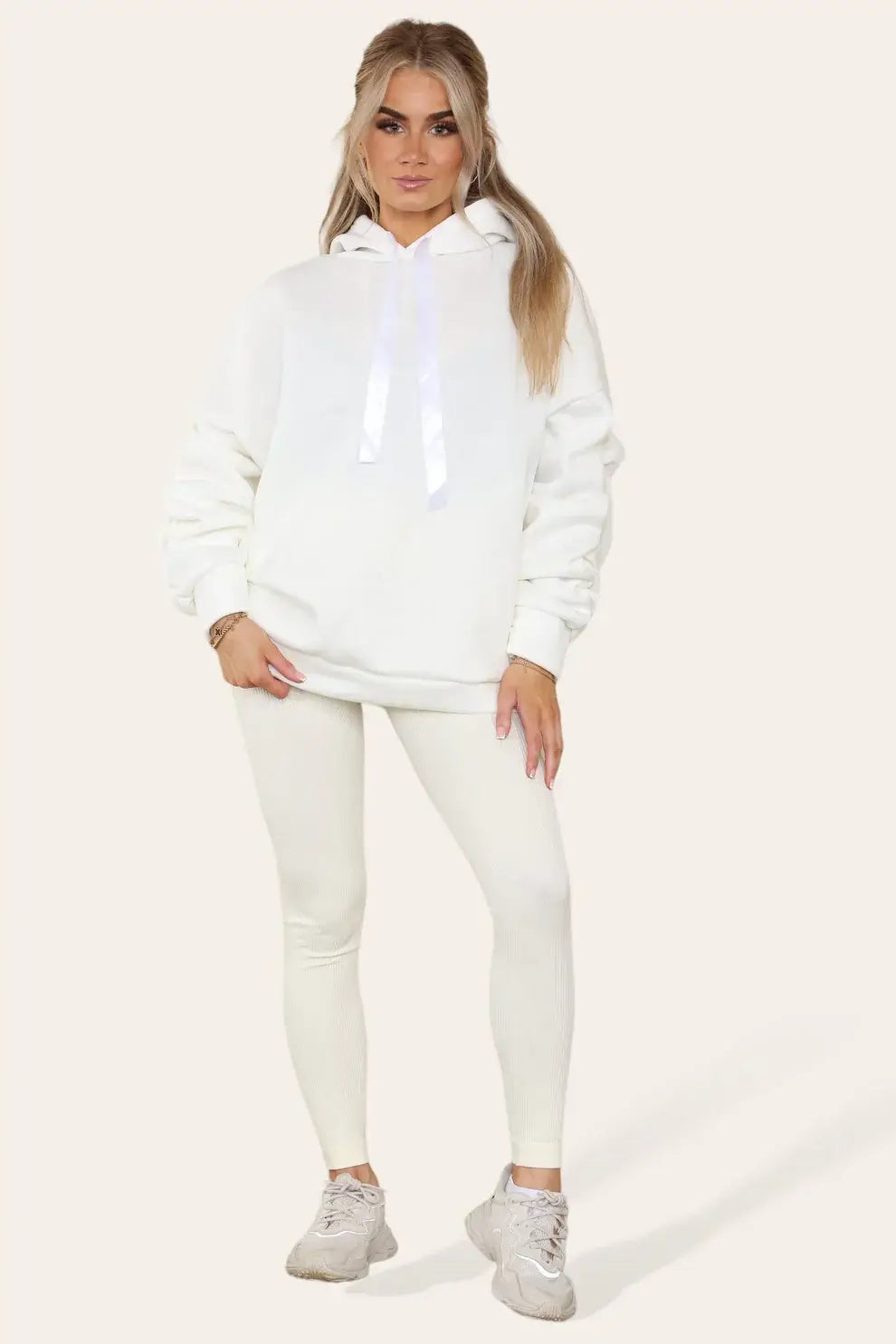 Oversized Ruched Sleeves Hoodie With Satin Ribbon